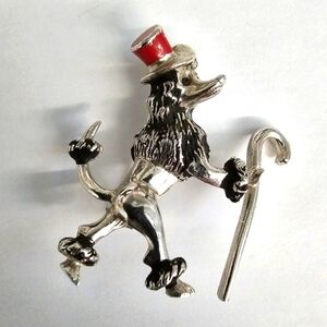 Vintage poodle pin circus dog top hat tophat silver tone Cane brooch